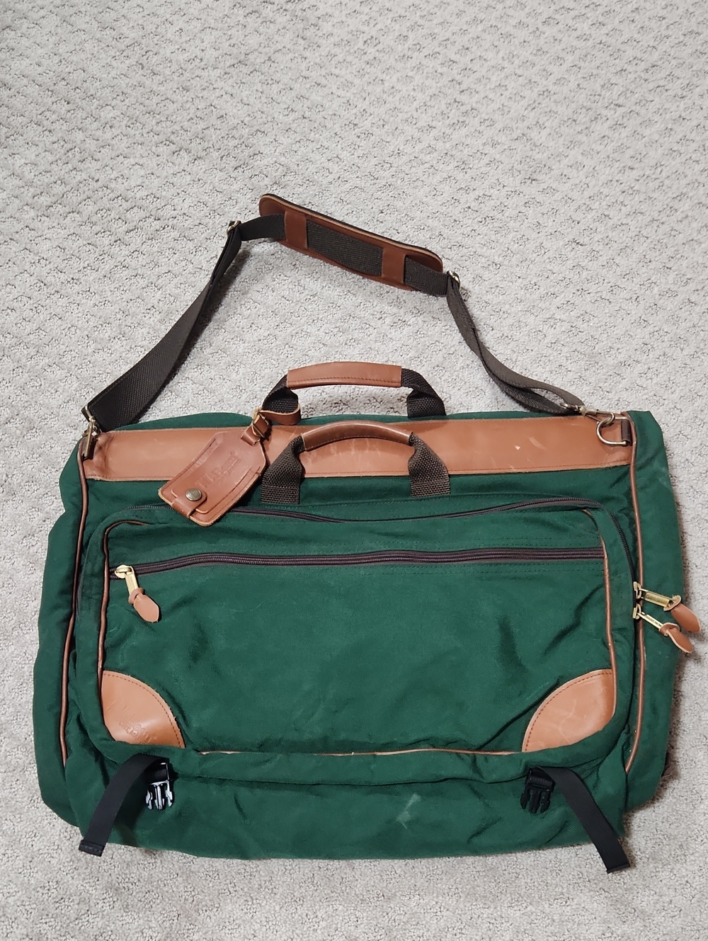 L.L. Bean Vintage Green Canvas Travel Garment Bag with Brown Lather Trim